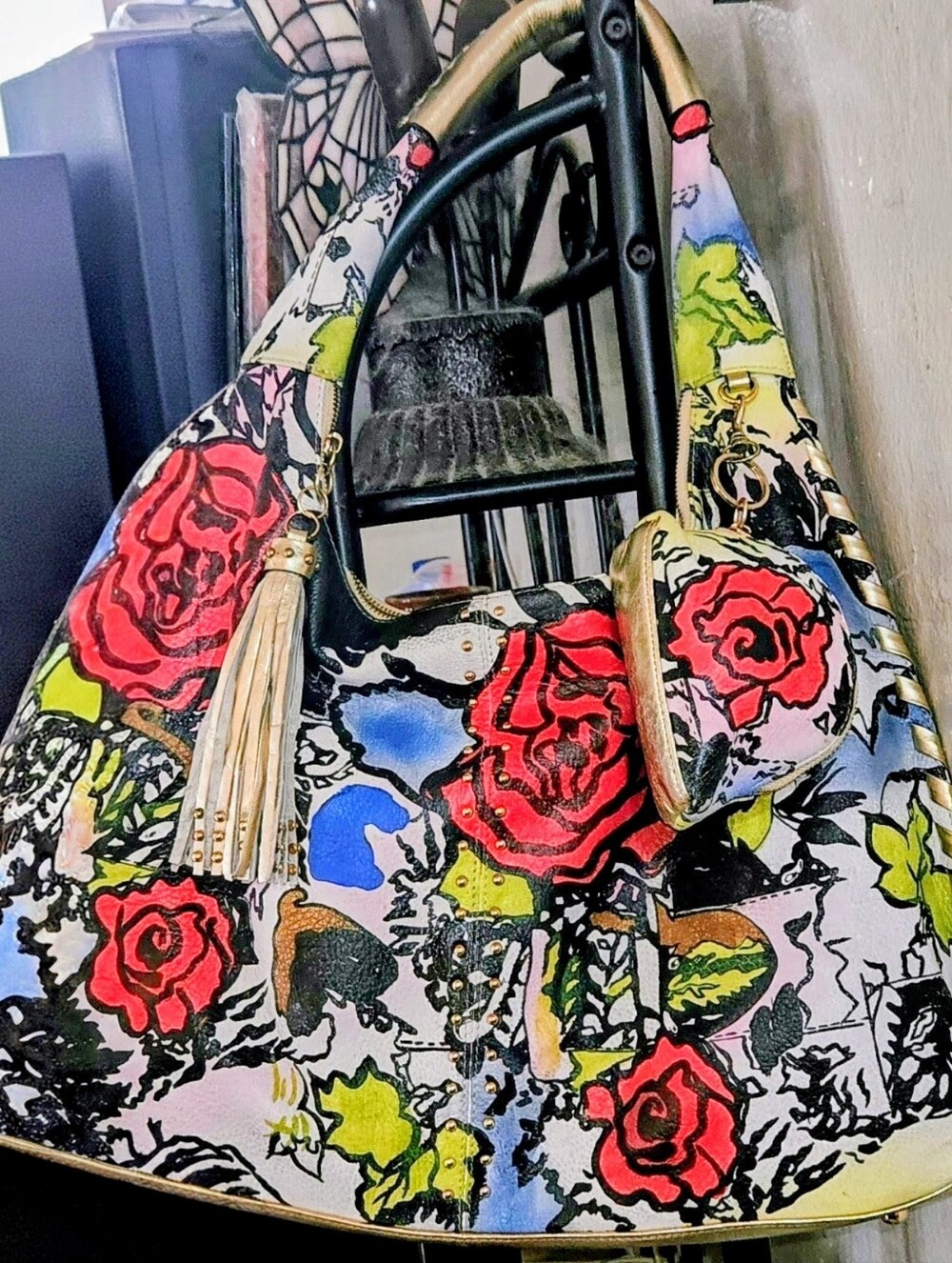 Sharif Red, Blue & Green Floral Hobo Bag with Stud Accents